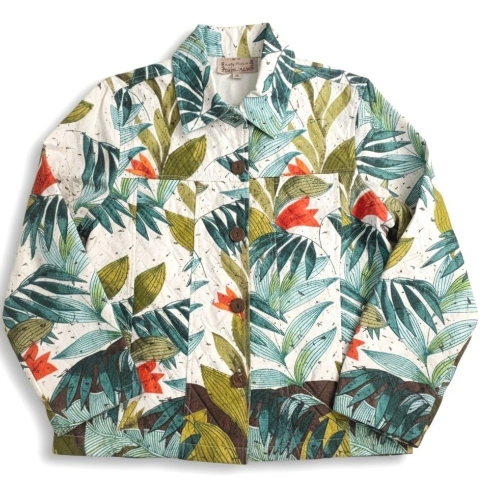 Life Style Tropical Botanical Print Button Front Jacket Green Orange White XL